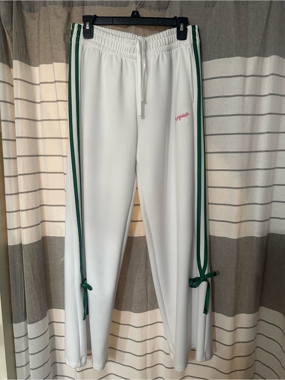 Champion White Track Joggers with Green Side Stripes